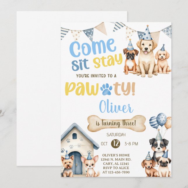 Invitation Boy puppy / dogs birthday party invitation. (Devant / Derrière)