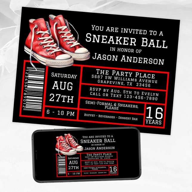 Invitation Boy Red Black Basket Ball fête d'anniversaire (Red black sneaker ball invitation with red sneakers. Available for instant download and print.)