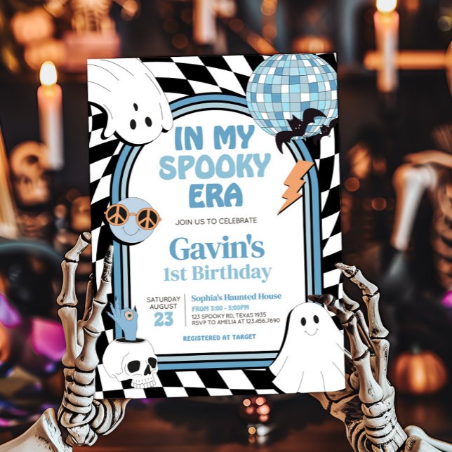 Invitation Boy Retro Ghost Halloween Anniversaire (Blue Retro Ghost Halloween In My Spooky Era Birthday Invitation)
