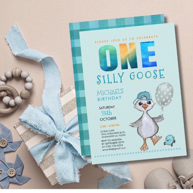 Invitation Boy Silly Goose 1er Anniversaire bleu Plaid Invita (Boy Silly Goose 1st Birthday Blue Plaid Invitation)