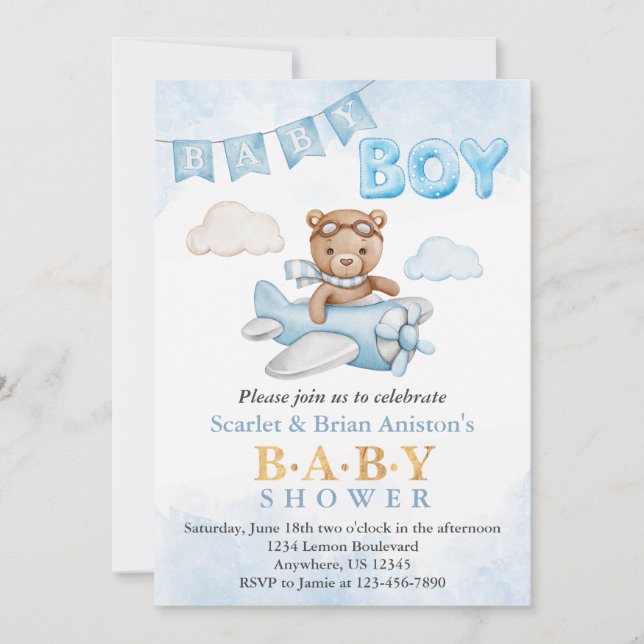 Invitation Boy Teddy Bear Baby shower d'avion (Devant)