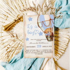 Invitation Boy Teddy Bear Blue Hot Air Balloon Baby shower