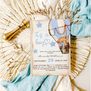 Invitation Boy Teddy Bear Blue Hot Air Balloon Baby shower