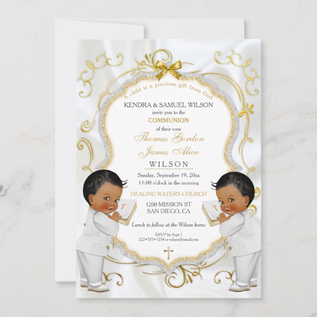 Invitation Boy Twins Baptême Christening Communion Ethnique (Devant)