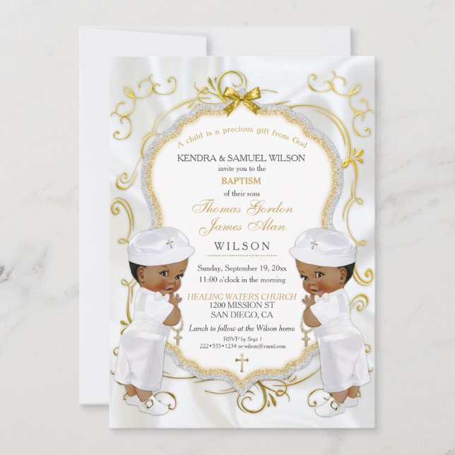 Invitation Boy Twins Baptême Christening Gold Cross Ethnic (Devant)