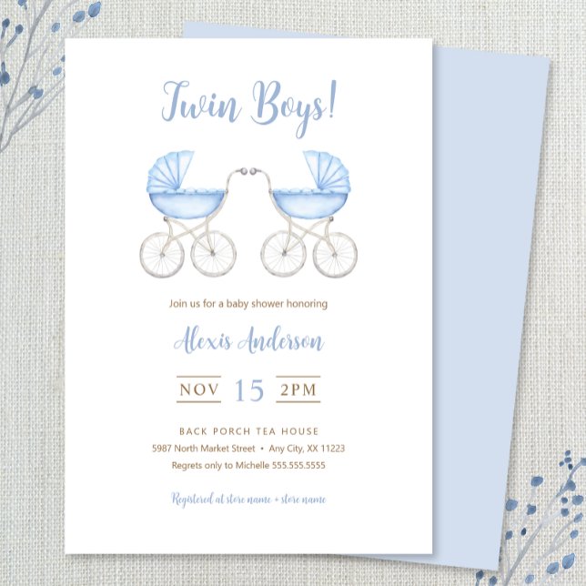 Invitation Boy Twins with blue Carriages Baby Shower (Créateur téléchargé)