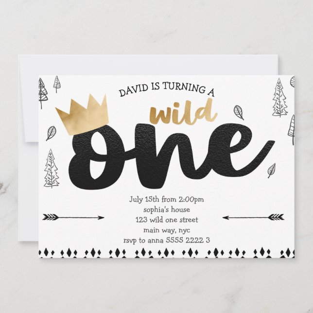 Invitation Boy WILD ONE Gold Crown King Ethnic First Birday (Devant)