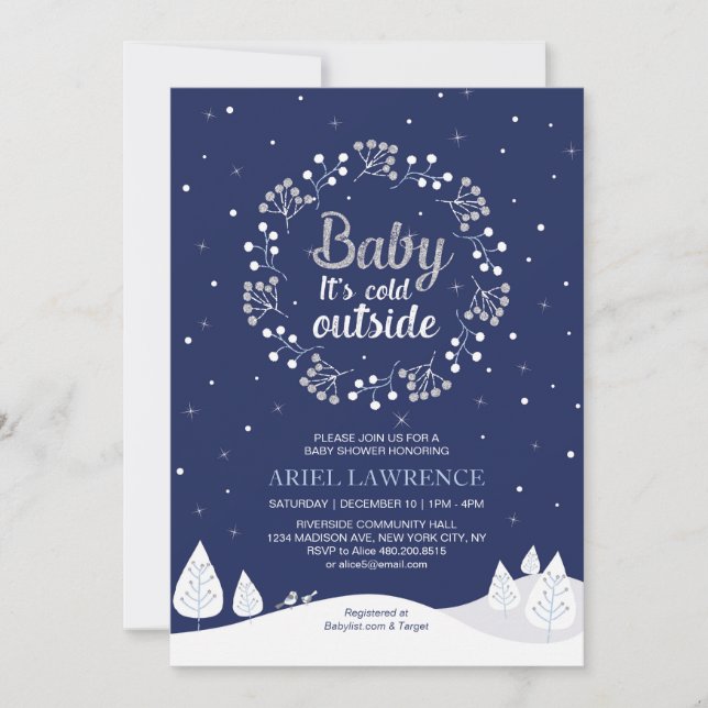 Invitation Boy Winter Wonderland Baby shower, Navy & Silver (Devant)