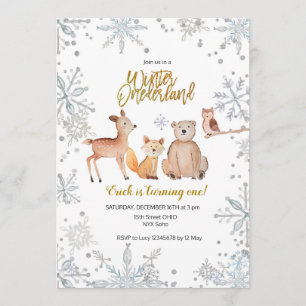 Invitation Boy Winter woodland girl 1er anniversaire aquarell