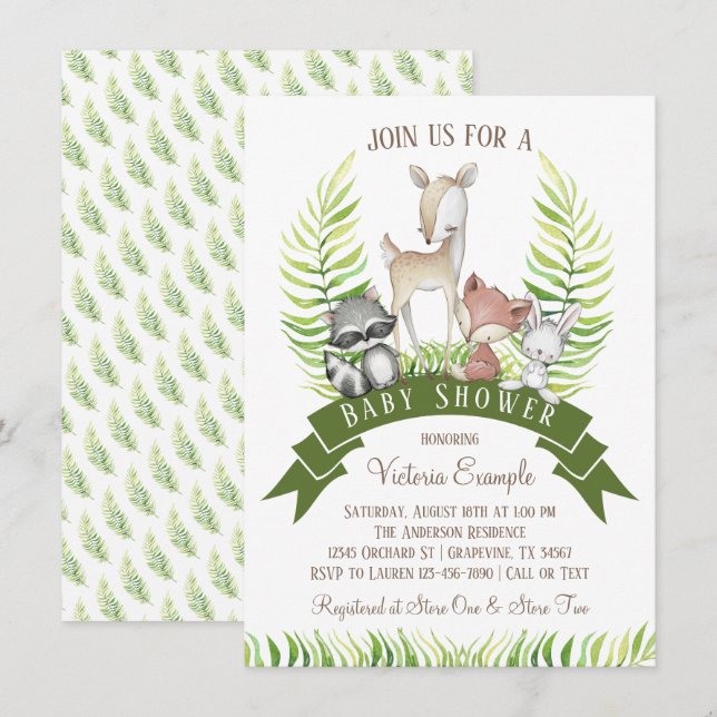 Invitation Boy Woodland Animal Green Baby shower (Devant / Derrière)