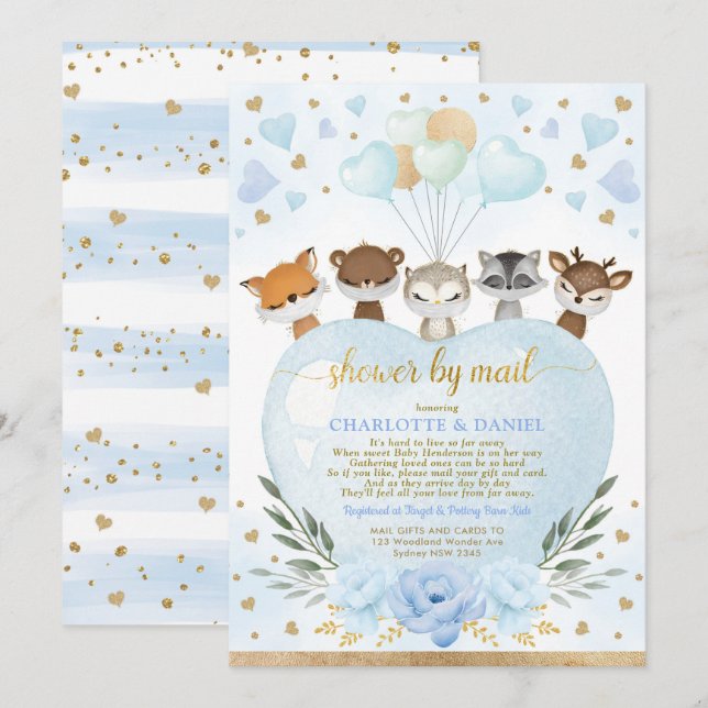 Invitation Boy Woodland Baby shower Par Mail Blue Gold Hearts (Devant / Derrière)