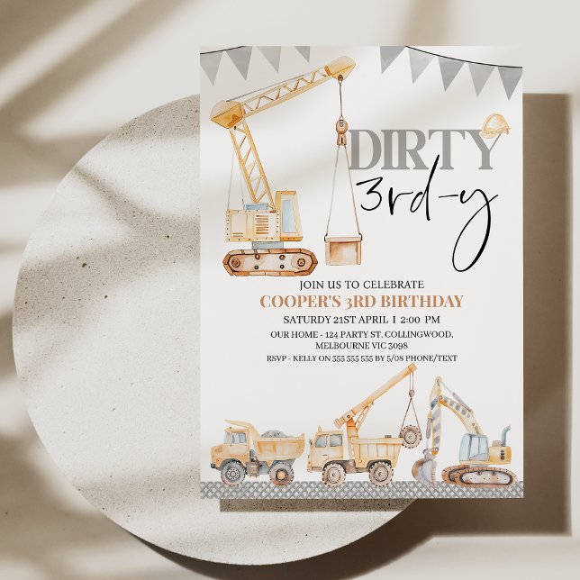 Invitation Boy Yellow Construction Dirty 3e anniversaire 3e a (Editable Dirty 3rd-y Birthday Invitation Template, Construction Themed 3rd Birthday Invite Modern )