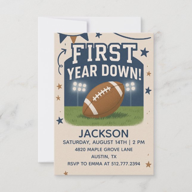 Invitation Boy's 1st Birthday First Year Down -Blue Football  (Devant)