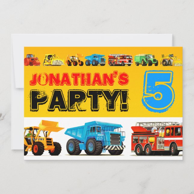 Invitation Boys 5e anniversaire Big Construction Truck Party (Devant)