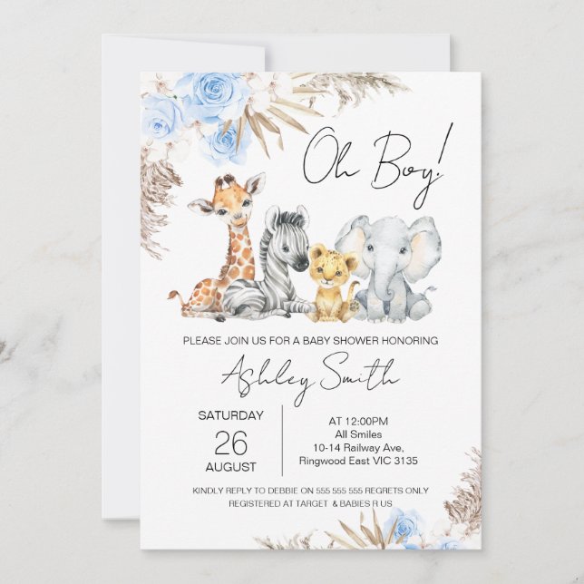 Invitation Boys Blue Boho Floral Baby shower Safari (Devant)