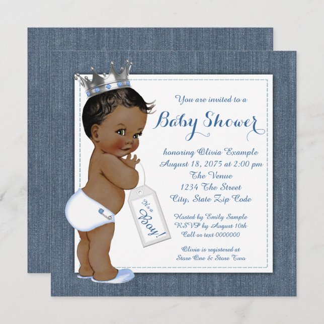 Invitation Boys Blue Denim Baby shower afro-américain (Devant / Derrière)