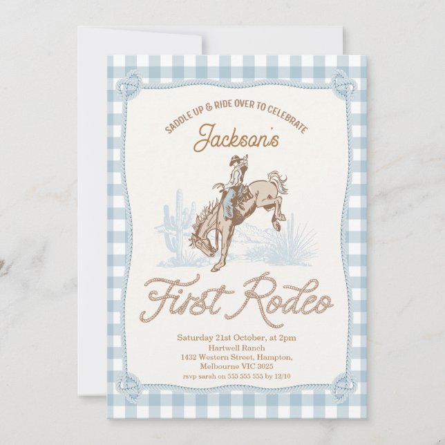 Invitation Boys Blue Plaid Cowboy Premier Rodéo 1er Anniversa (Devant)