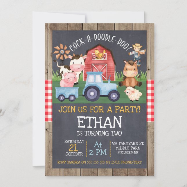 Invitation Boys Blue Tractor Chalkboard Farm Anniversaire (Devant)