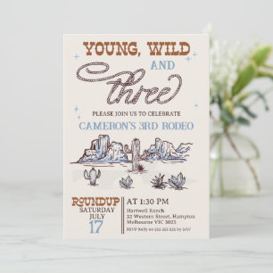 Invitation Boys Blue Western Young Wild Three 3e anniversaire