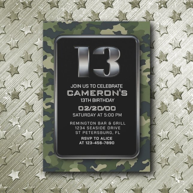 Invitation Boys Camo Hunting Army 13e anniversaire (Créateur téléchargé)