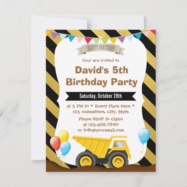 Invitation Boys Construction Camion Anniversaire Fête Invitat (Devant)
