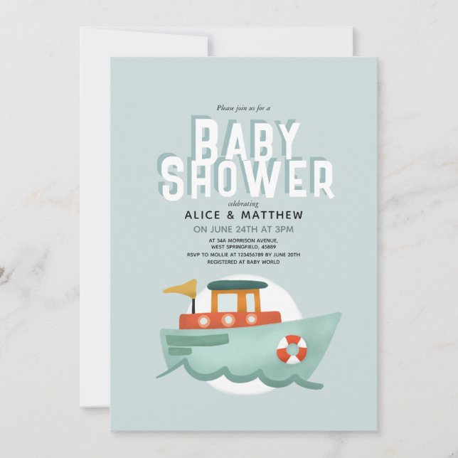 Invitation Boys Cute Blue Ocean Baby shower bateau (Devant)