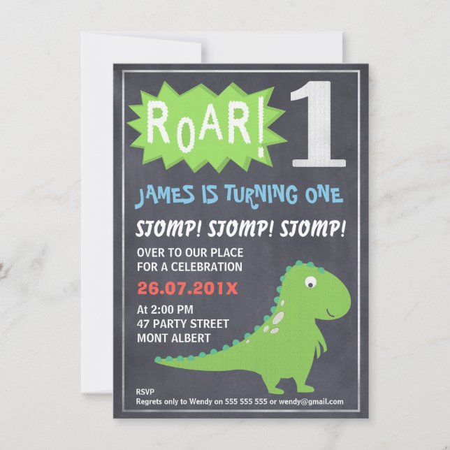 Invitation Boys Dinosaur Chalkboard 1er anniversaire Invitati (Devant)