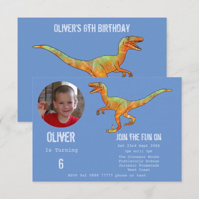 Invitation Boys Dinosaur Velociraptor 6e fête d'anniversaire  (Devant / Derrière)