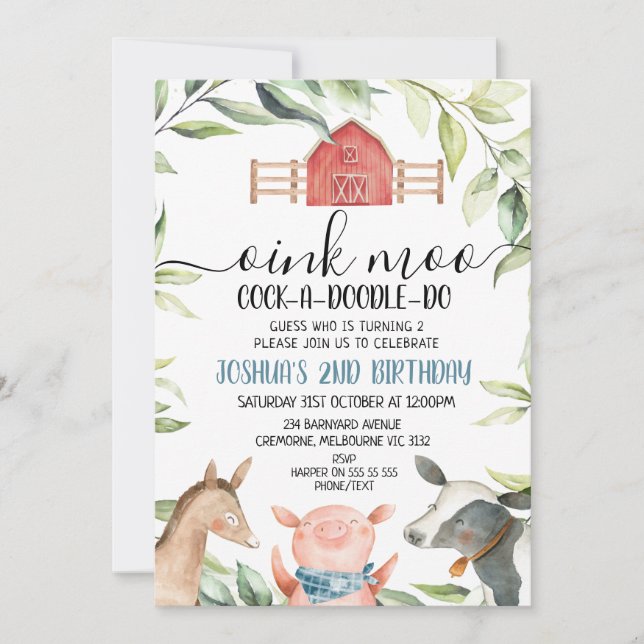 Invitation Boys Farm Animals Foliage 2e anniversaire Invitati (Devant)
