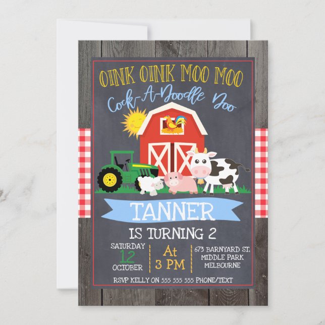Invitation Boys Farm Barnyard Chalkboard Anniversaire Invitat (Devant)