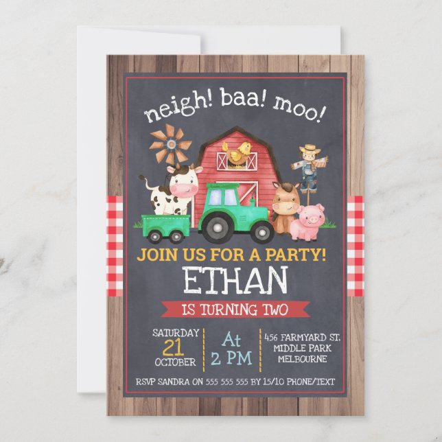 Invitation Boys Farm Green Tractor Chalkboard Anniversaire (Devant)