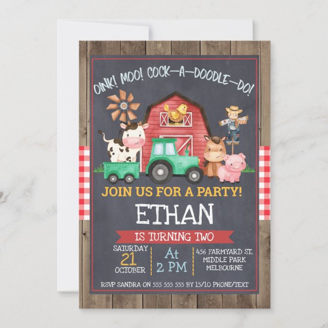 Invitation Boys ferme Tracteur Chalkboard Anniversaire Invita (Devant)