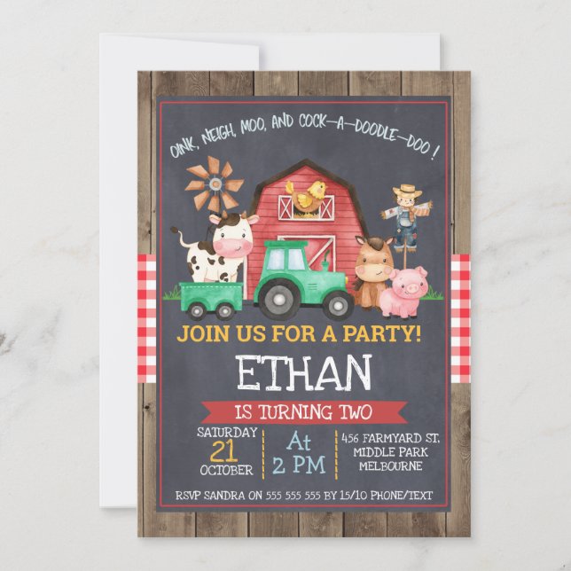 Invitation Boys ferme Tracteur Chalkboard Anniversaire Invita (Devant)