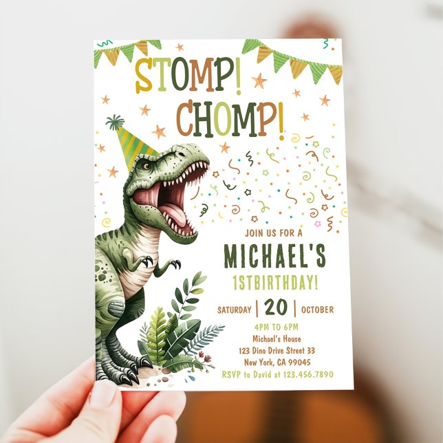 Invitation Boys Green Stomp Chomp Roar Dinosaur 1st Birthday (Créateur téléchargé)