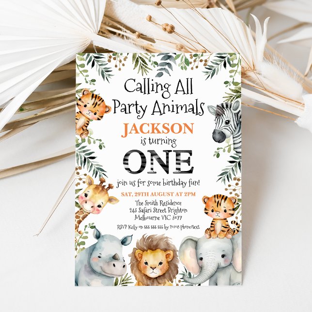 Invitation Boys Greenery Safari 1er anniversaire (Boy's calling all party animals safari birthday invitation featuring cute jungle animals and foliage)