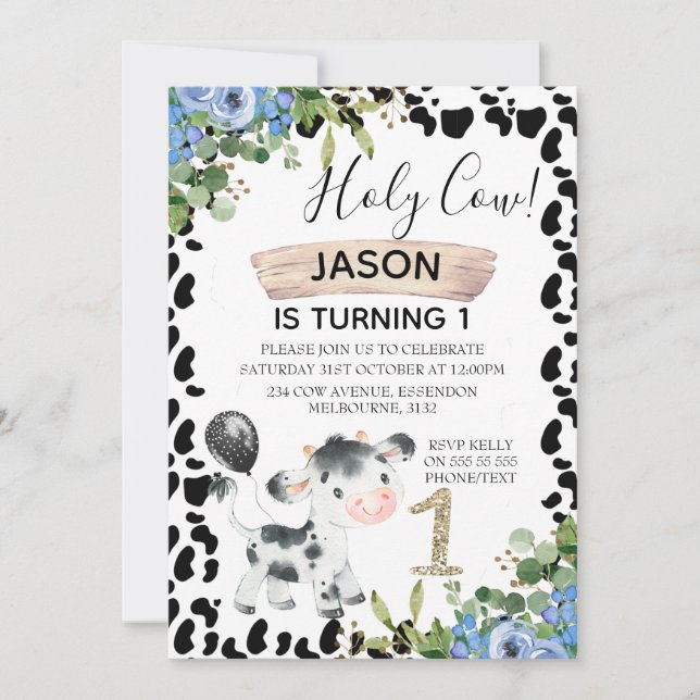 Invitation Boys Holy Cow and Cow Imprimer 1er appel d'anniver (Devant)