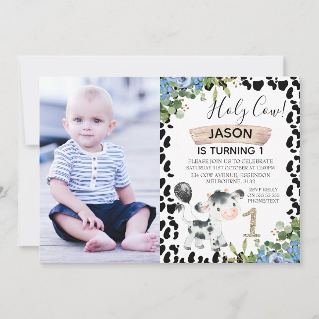 Invitation Boys Holy Cow and Cow Imprimer Photo 1er Anniversa (Devant)