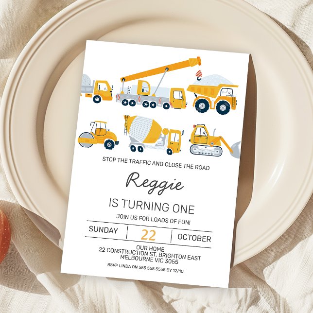 Invitation Boys Modernes Véhicules de construction Anniversai (Editable Construction 1st Birthday Invitation Boy, Any Age Modern Construction Birthday Invite,   )