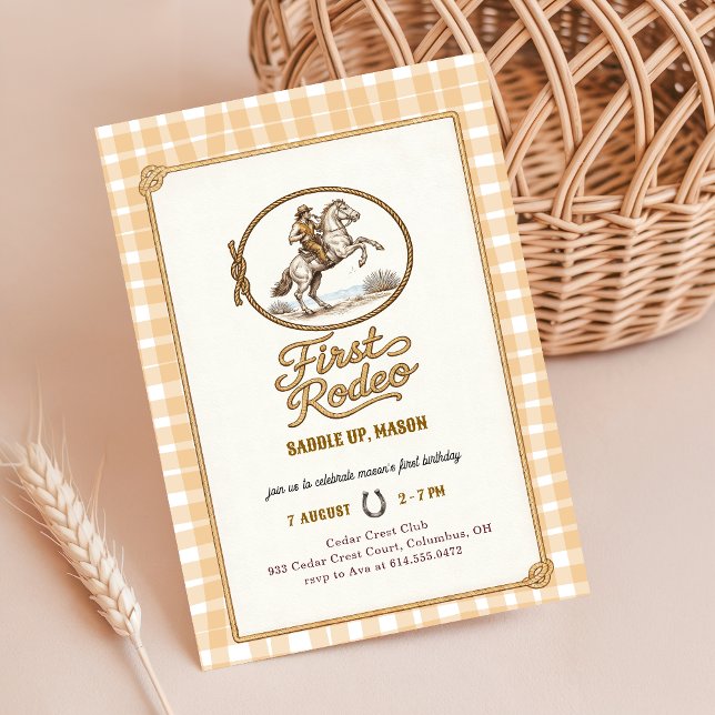 Invitation Boys Plaid Gingham Cowboy First Rodeo 1st Birthday (Créateur téléchargé)
