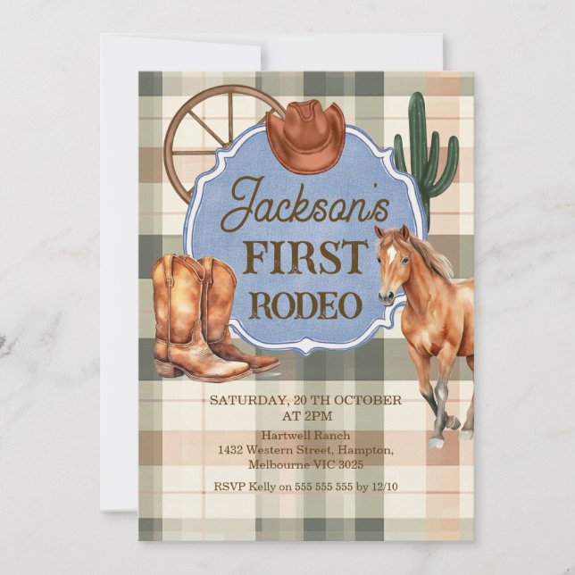 Invitation Boys Plaid Green Brown First Rodeo 1st Birthday (Devant)