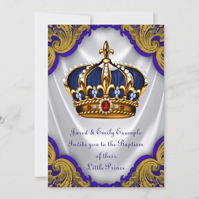 Invitation Boys Prince Baptême Royal Blue Gold Ruby Crown (Devant)