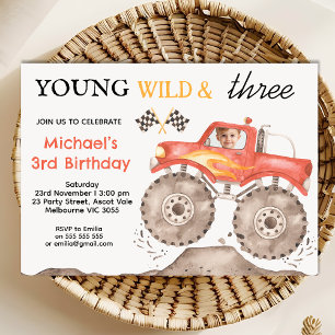 Invitation Boys Red Monster Truck Young Wild Trois Anniversai