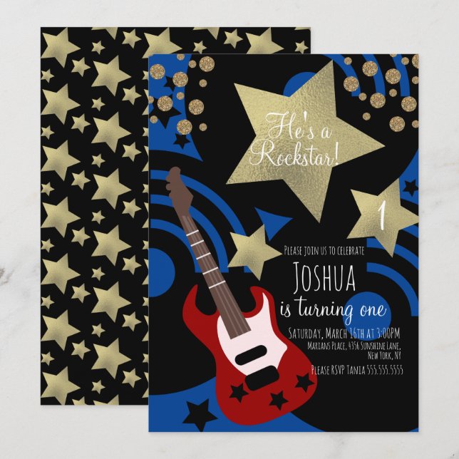 Invitation Boys Rockstar Guitar Faux Gold Star Rock Party (Devant / Derrière)