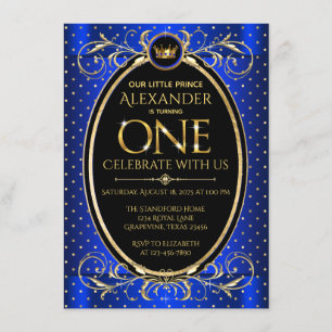Invitation Boys Royal Blue Gold Prince 1er anniversaire