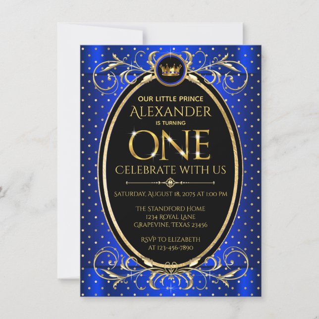 Invitation Boys Royal Blue Gold Prince 1er fête d'anniversair (Devant)