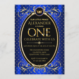 Invitation Boys Royal Blue Gold Prince Première fête d'annive