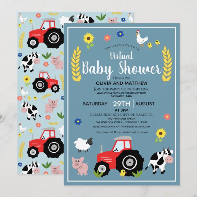 Invitation Boys Rustic Farm Tractor Baby shower virtuel (Devant / Derrière)