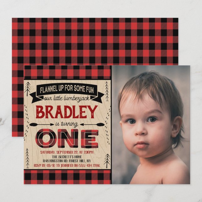 Invitation Boys Rustic Plaid Lumberjack 1er Anniversaire Phot (Devant / Derrière)