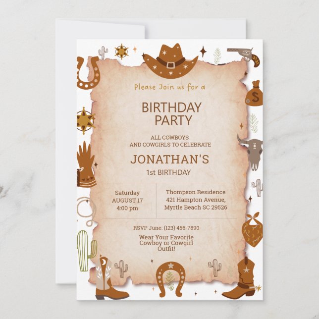 Invitation Boys Rustic Western 1er anniversaire fête (Devant)