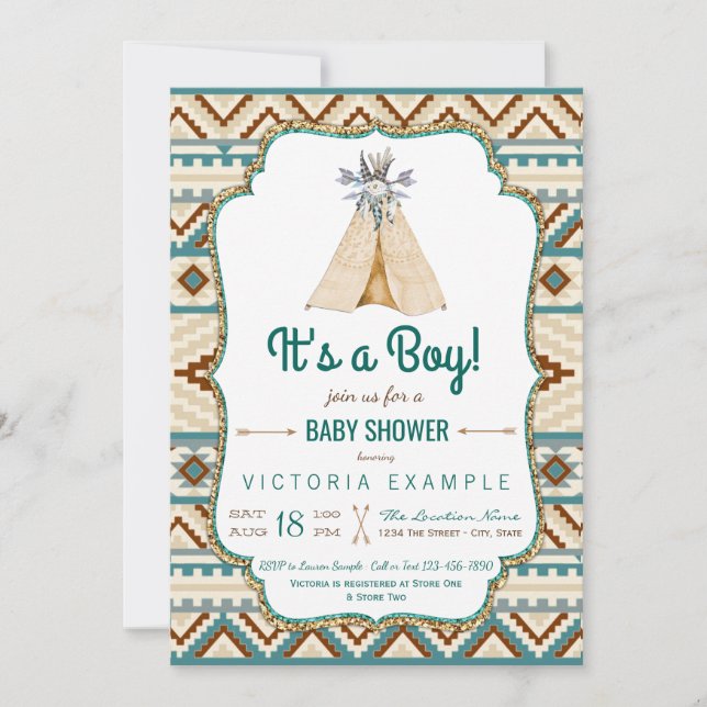 Invitation Boys Tribal Teepee Turquoise Aztec Baby shower (Devant)